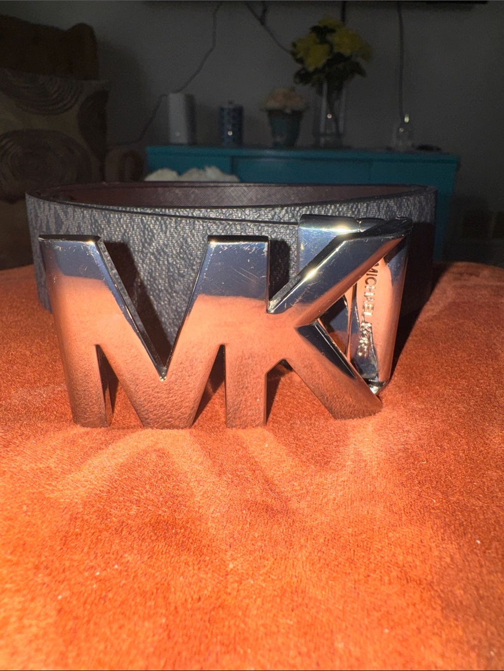 Michael Kors black Leather Belt with Silver MK Logo Buckle
